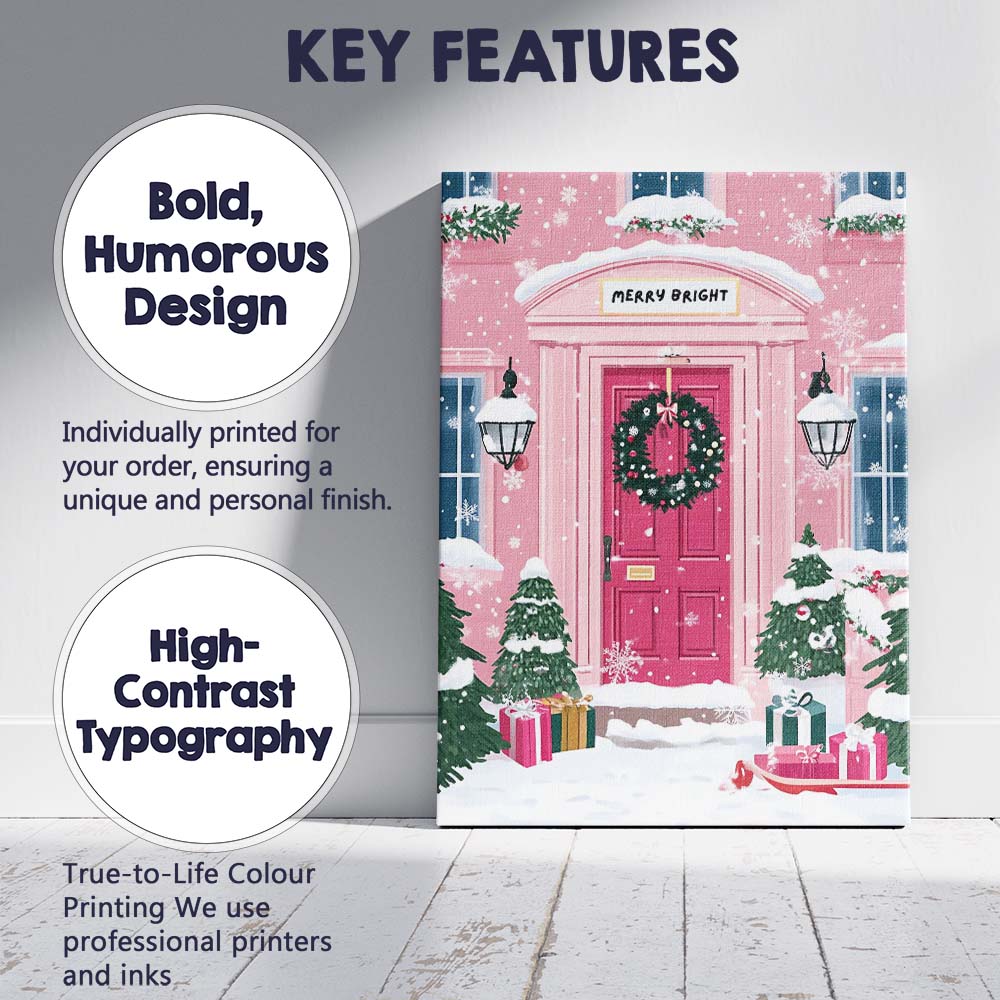 Pink Christmas Front Door Wreath Snowy Festive Entrance Canvas Wall Art Print Decor Picture Ready to Hang
