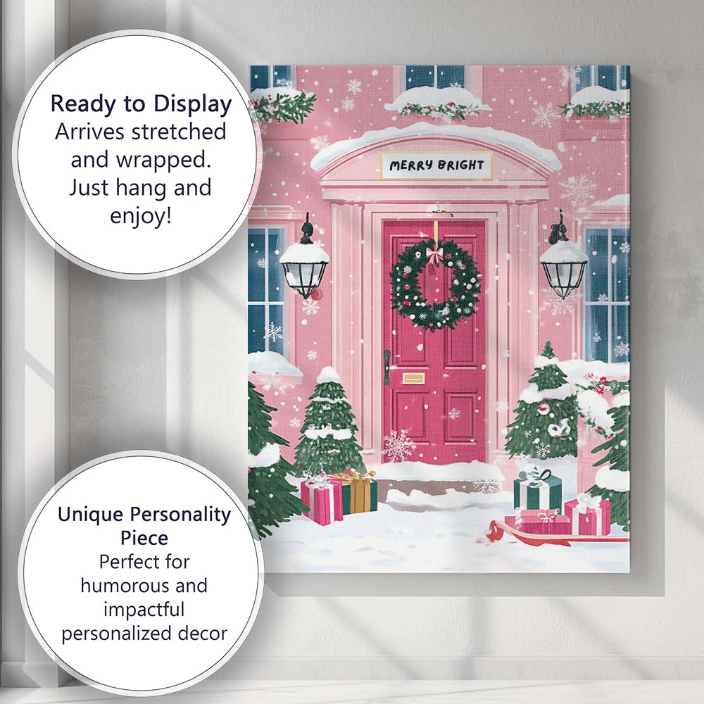 Pink Christmas Front Door Wreath Snowy Festive Entrance Canvas Wall Art Print Decor Picture Ready to Hang