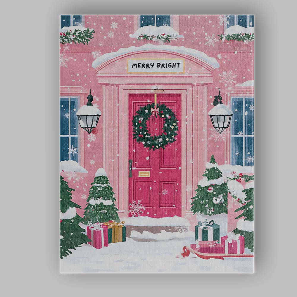 Pink Christmas Front Door Wreath Snowy Festive Entrance Canvas Wall Art Print Decor Picture Ready to Hang