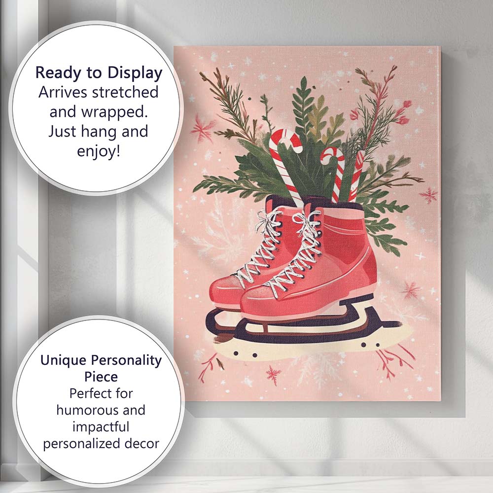 Pink Ice Skates Christmas Evergreen Candy Cane Winter Illustration Canvas Wall Art Print Decor Picture Ready to Hang