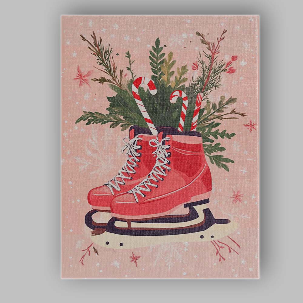 Pink Ice Skates Christmas Evergreen Candy Cane Winter Illustration Canvas Wall Art Print Decor Picture Ready to Hang