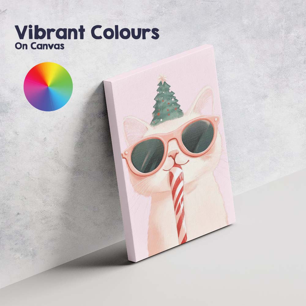 Cute White Christmas Cat Wearing Pink Sunglasses Candy Cane Watercolour Canvas Wall Art Print Decor Picture Ready to Hang