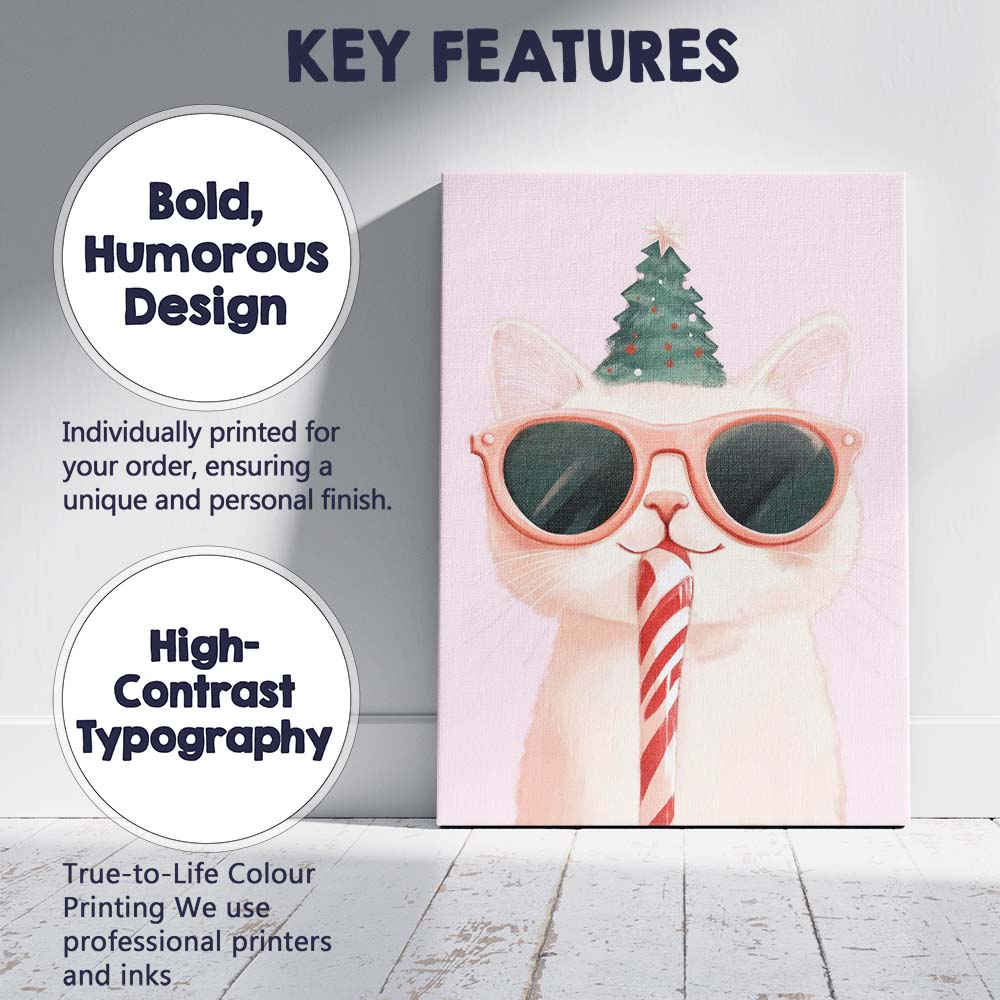 Cute White Christmas Cat Wearing Pink Sunglasses Candy Cane Watercolour Canvas Wall Art Print Decor Picture Ready to Hang