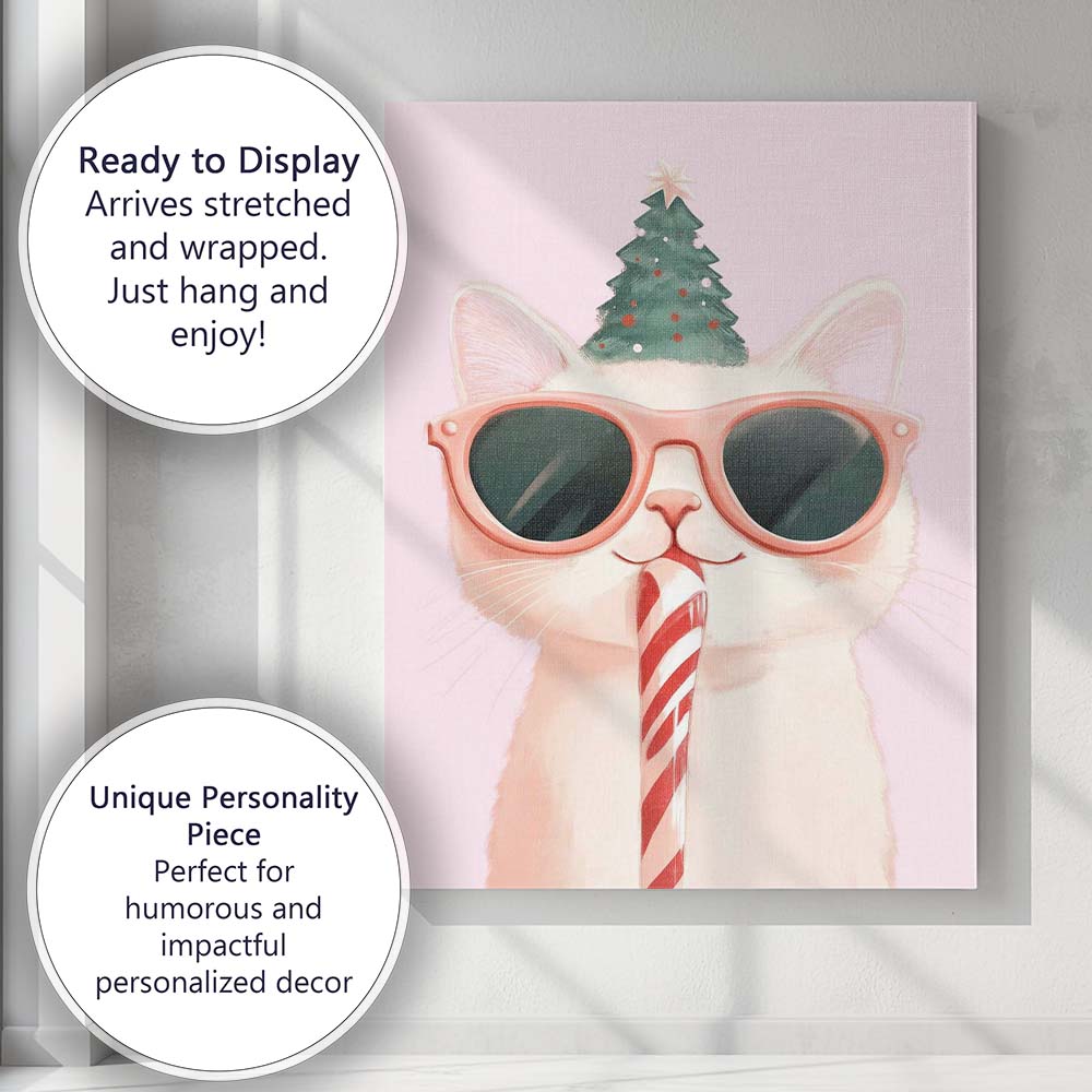Cute White Christmas Cat Wearing Pink Sunglasses Candy Cane Watercolour Canvas Wall Art Print Decor Picture Ready to Hang