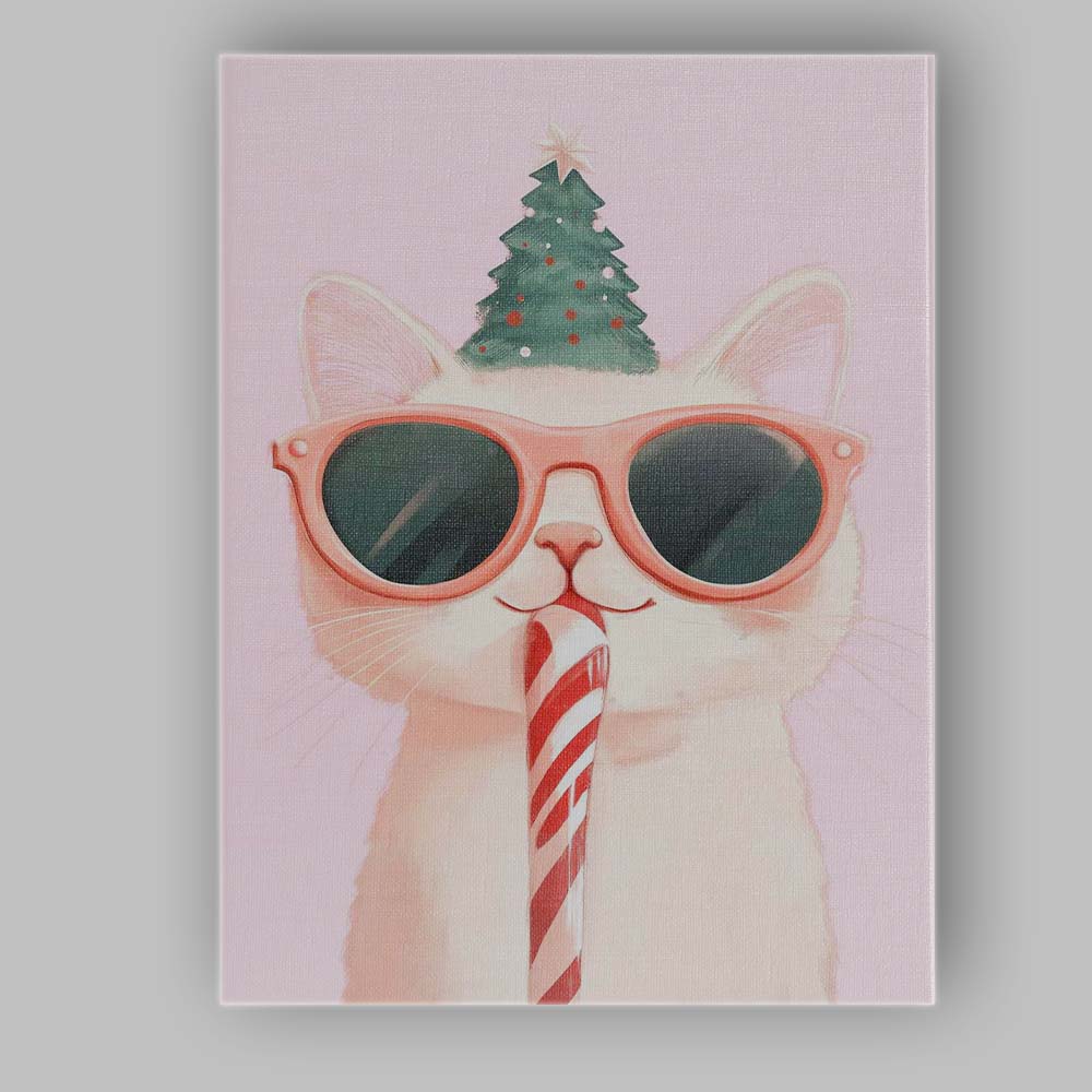 Cute White Christmas Cat Wearing Pink Sunglasses Candy Cane Watercolour Canvas Wall Art Print Decor Picture Ready to Hang