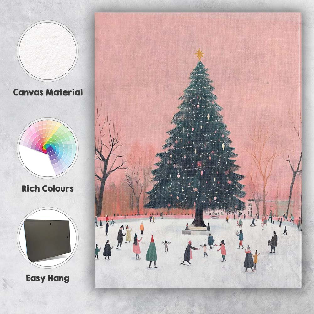 Pink Winter Ice Skating Christmas Tree Festive Town Watercolour Canvas Wall Art Print Decor Picture Ready to Hang
