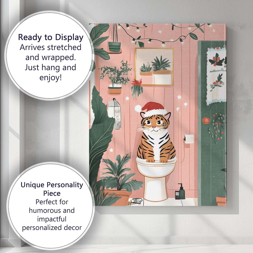 Cute Christmas Tiger Cat Sitting On Toilet Pink Bathroom Watercolour Canvas Wall Art Print Decor Picture Ready to Hang