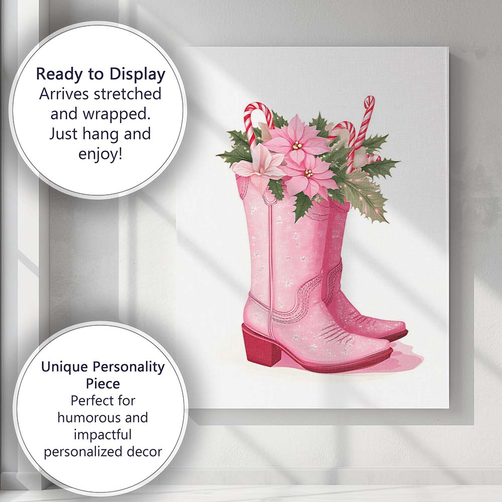 Pink Cowboy Boots Christmas Floral Candy Cane Arrangement Canvas Wall Art Print Decor Picture Ready to Hang