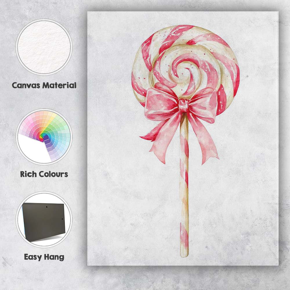 Pink Peppermint Swirl Lollipop Watercolour Sweet Candy Illustration Canvas Wall Art Print Decor Picture Ready to Hang