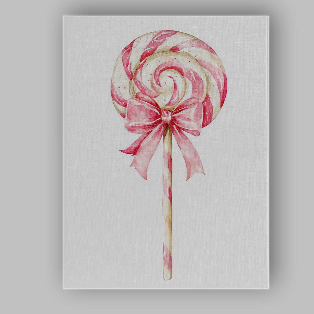 Pink Peppermint Swirl Lollipop Watercolour Sweet Candy Illustration Canvas Wall Art Print Decor Picture Ready to Hang