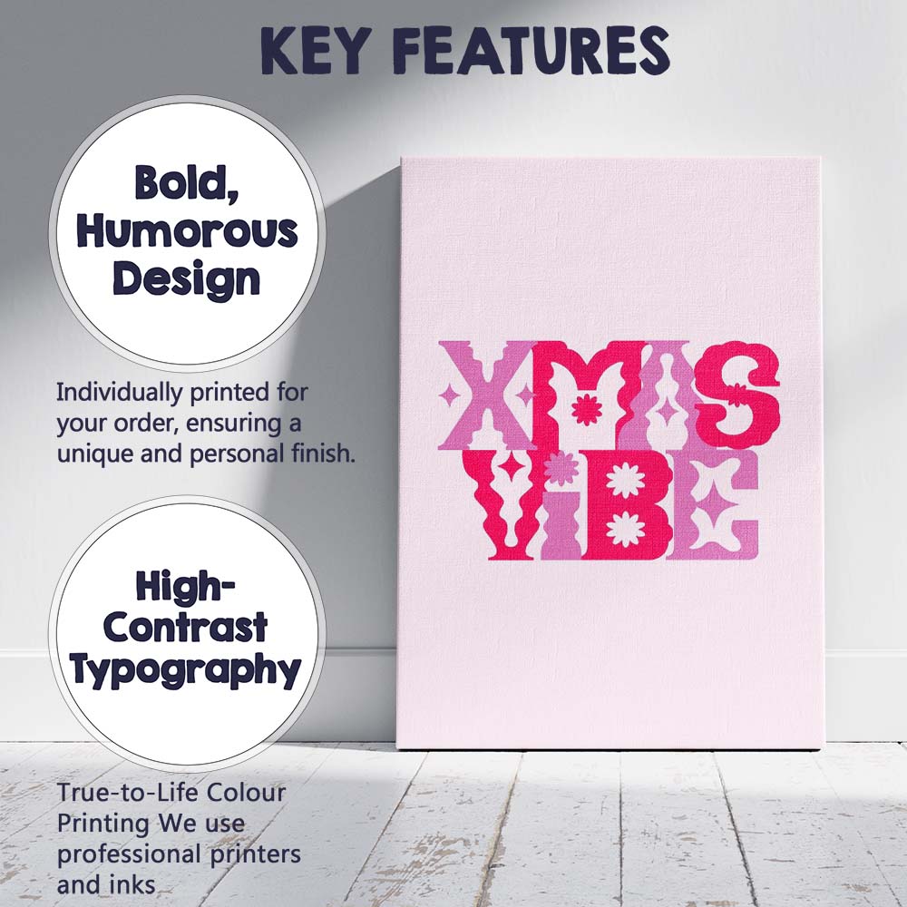 Pink Retro Xmas Vibe Typography Christmas Quote Canvas Wall Art Print Decor Picture Ready to Hang