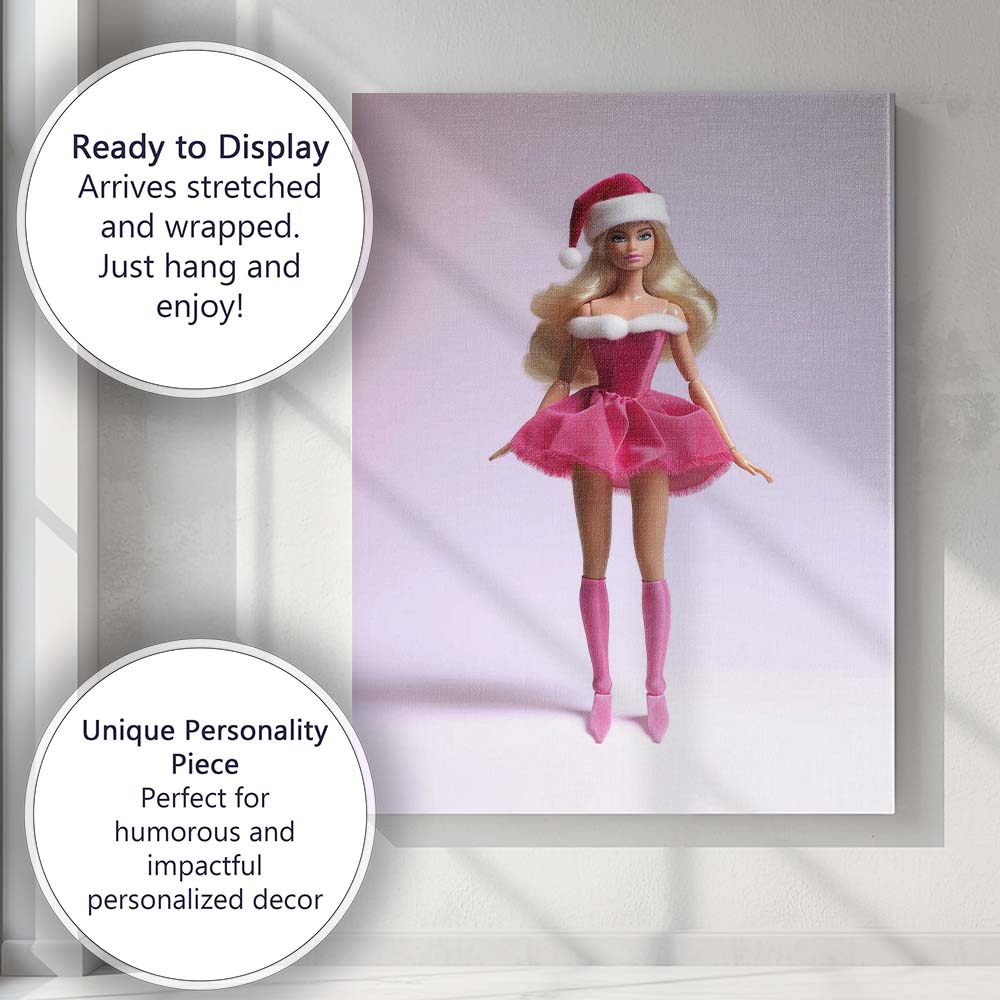 Pink Christmas Fashion Doll Santa Outfit Portrait Canvas Wall Art Print Decor Picture Ready to Hang