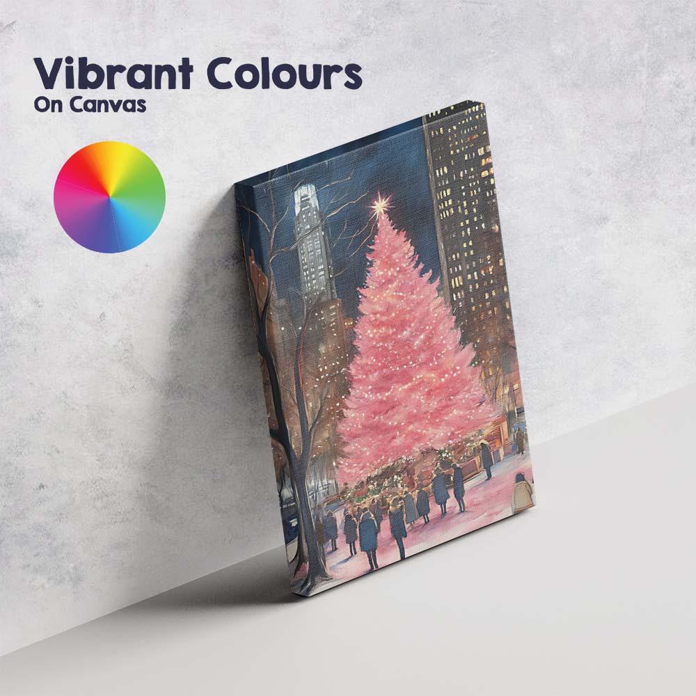 Pink Christmas Tree Night City Winter Watercolour Canvas Wall Art Print Decor Picture Ready to Hang