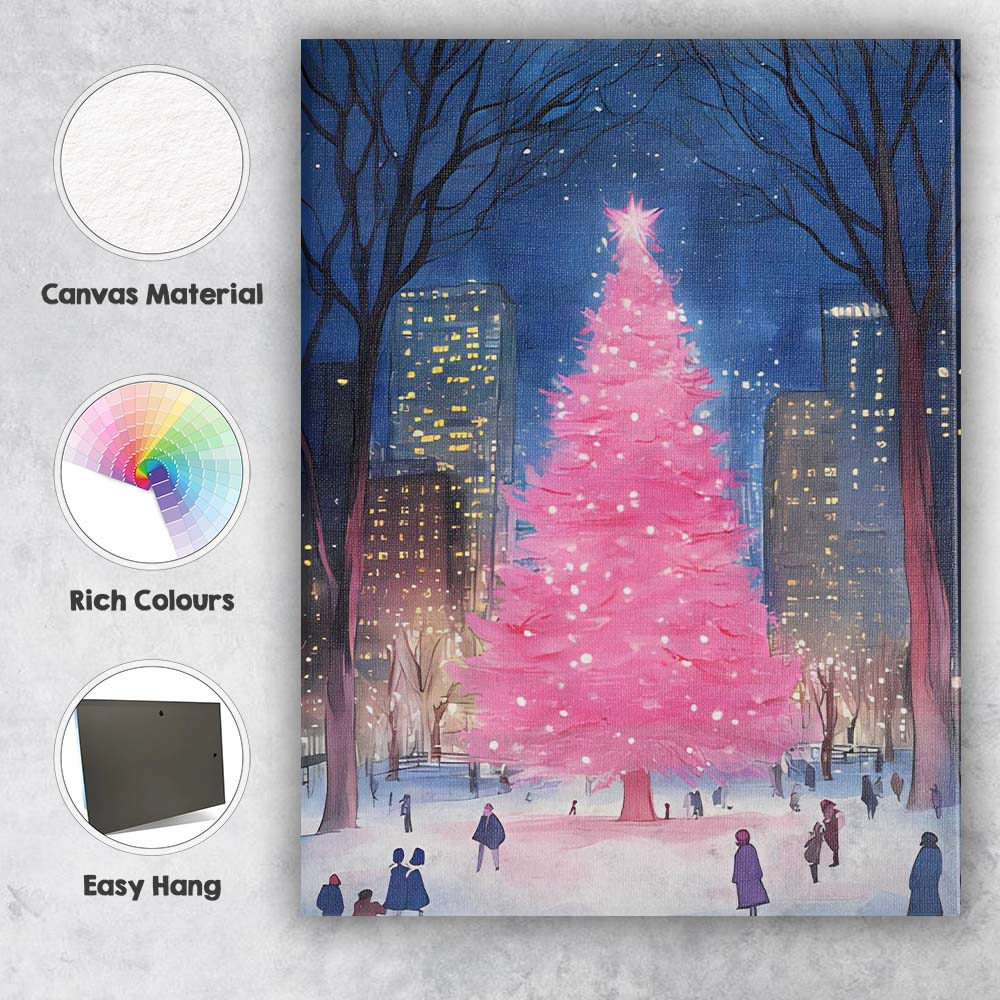 Pink Christmas Tree Snowy City Park Night Watercolour Canvas Wall Art Print Decor Picture Ready to Hang