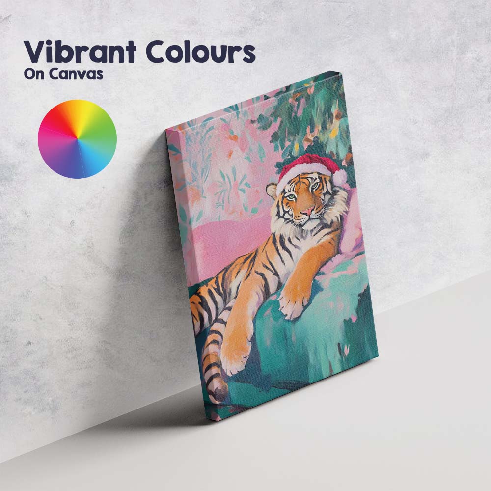 Festive Christmas Tiger Wearing Santa Hat Watercolour Canvas Wall Art Print Decor Picture Ready to Hang