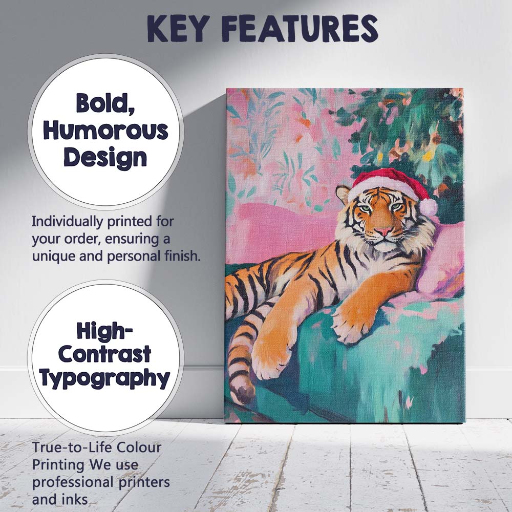 Festive Christmas Tiger Wearing Santa Hat Watercolour Canvas Wall Art Print Decor Picture Ready to Hang