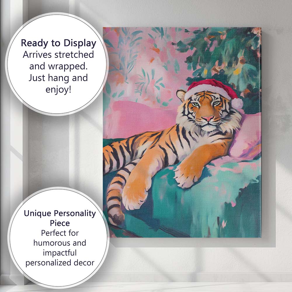 Festive Christmas Tiger Wearing Santa Hat Watercolour Canvas Wall Art Print Decor Picture Ready to Hang