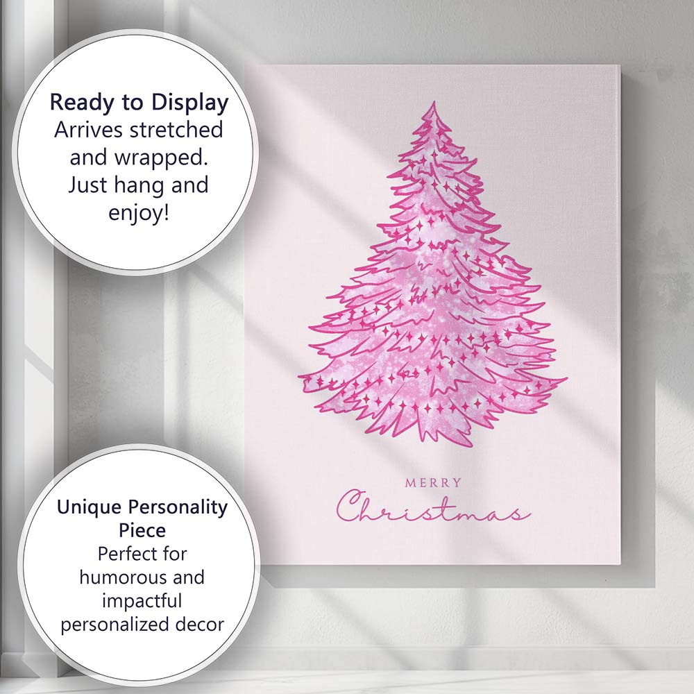 Sparkling Pink Christmas Tree Minimalist Festive Illustration Canvas Wall Art Print Decor Picture Ready to Hang