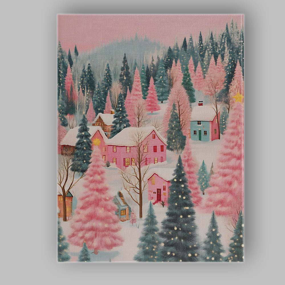 Pastel Pink Winter Village Snow Covered Forest Landscape Canvas Wall Art Print Decor Picture Ready to Hang