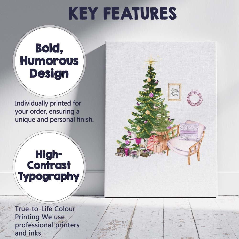 Watercolour Christmas Living Room Tree Cosy Festive Decor Canvas Wall Art Print Decor Picture Ready to Hang