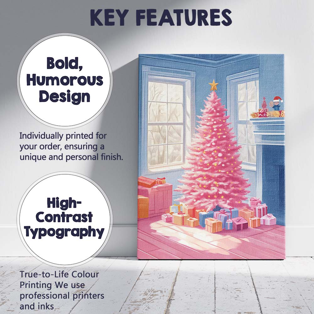 Pastel Pink Christmas Tree Cosy Living Room Winter Decor Canvas Wall Art Print Decor Picture Ready to Hang