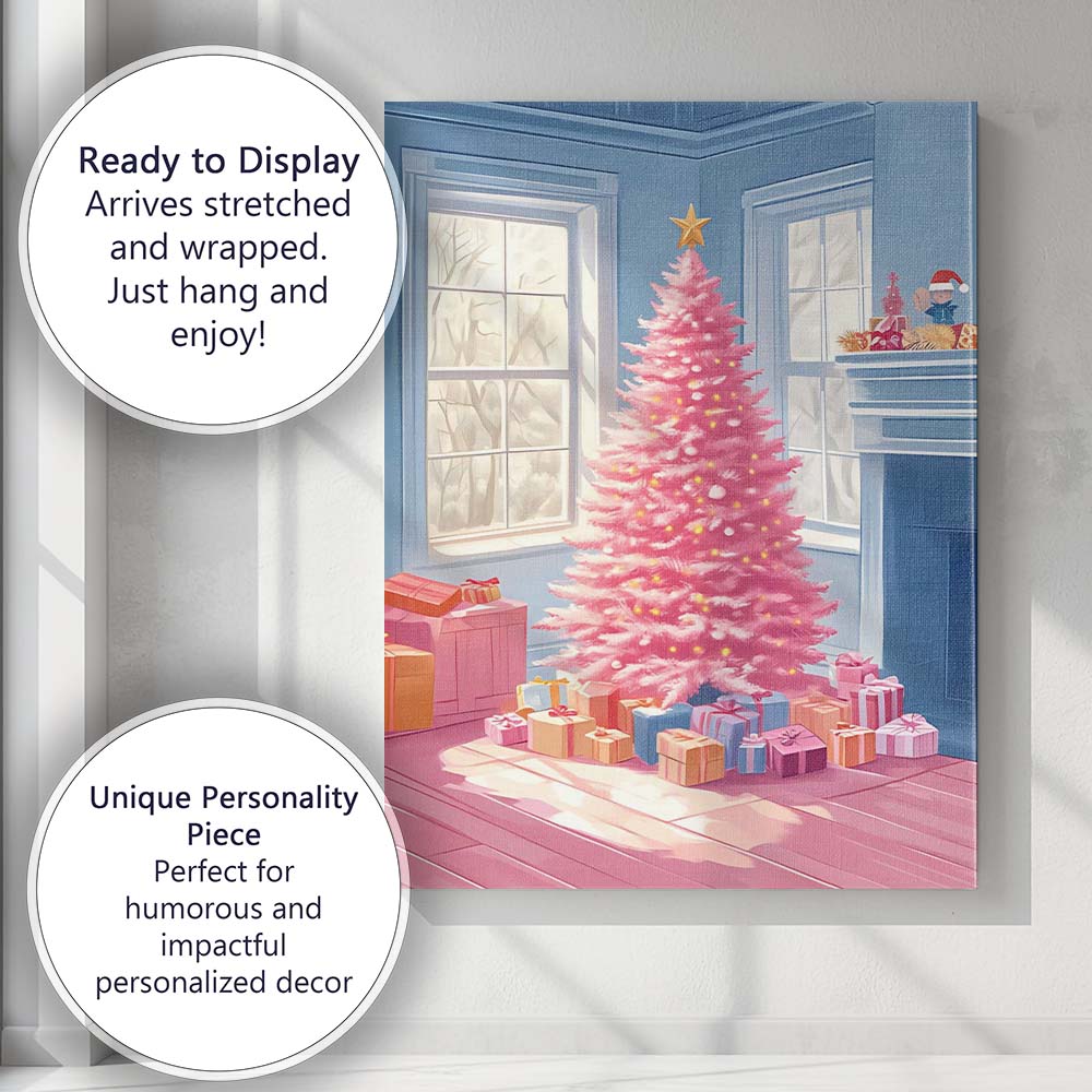 Pastel Pink Christmas Tree Cosy Living Room Winter Decor Canvas Wall Art Print Decor Picture Ready to Hang