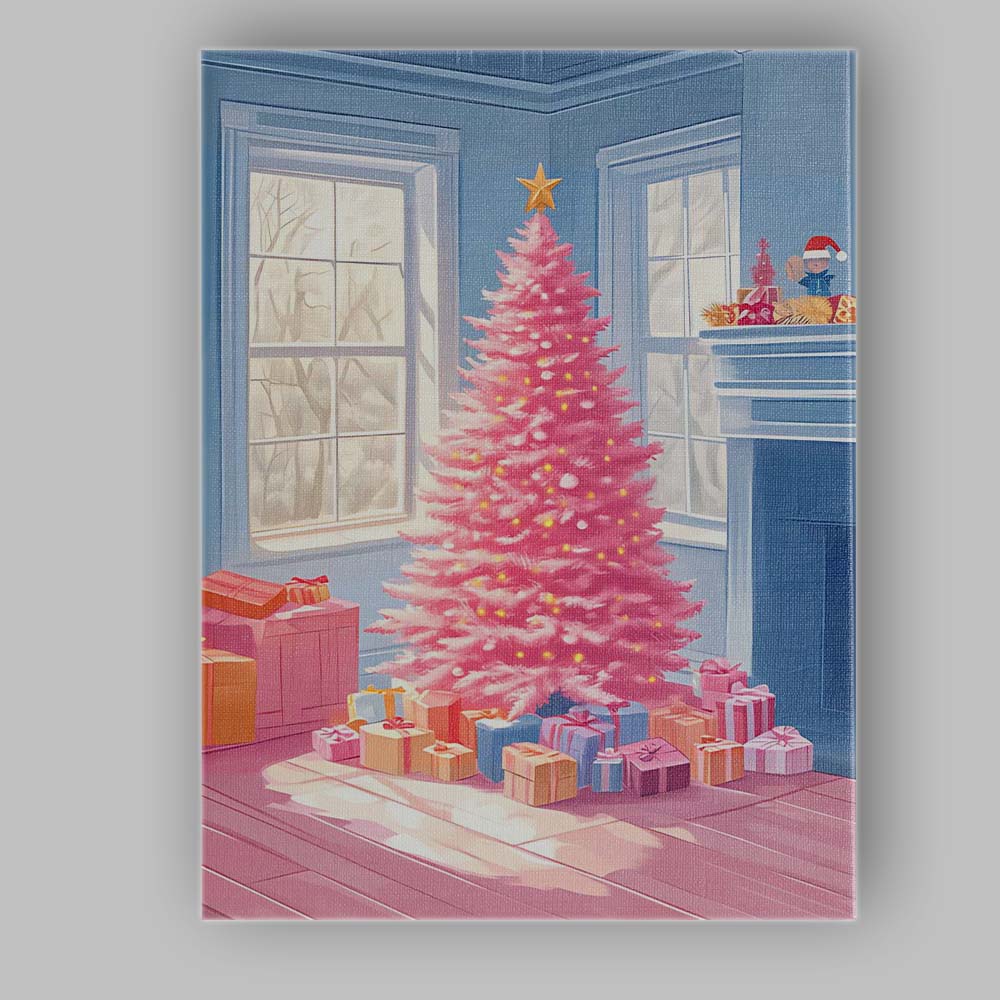 Pastel Pink Christmas Tree Cosy Living Room Winter Decor Canvas Wall Art Print Decor Picture Ready to Hang