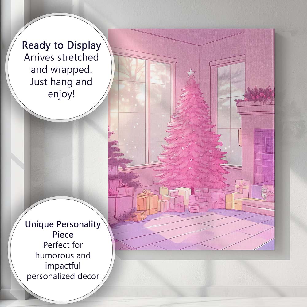 Pastel Pink Christmas Tree Cosy Living Room Winter Scene Canvas Wall Art Print Decor Picture Ready to Hang