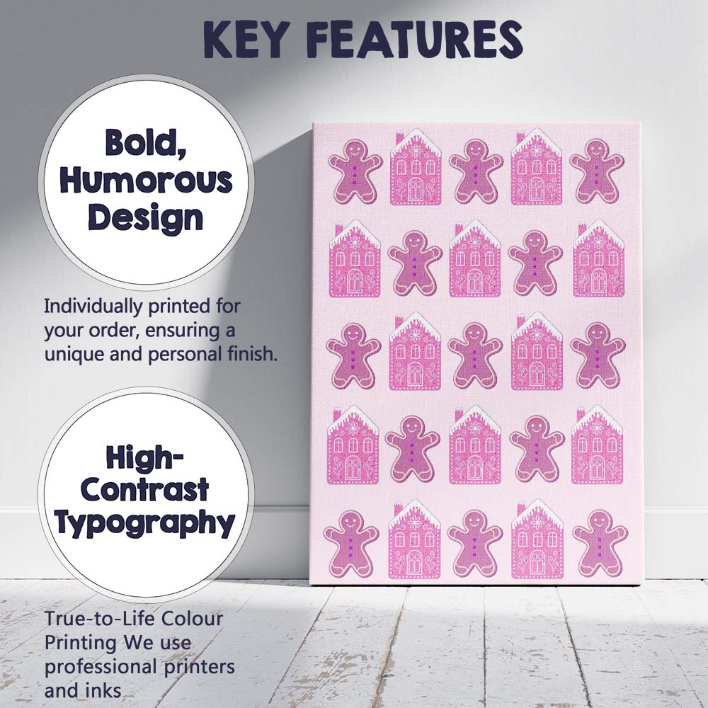 Pink Gingerbread House And Gingerbread Biscuit Repeat Pattern Canvas Wall Art Print Decor Picture Ready to Hang