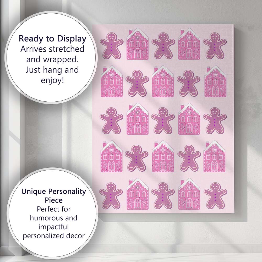 Pink Gingerbread House And Gingerbread Biscuit Repeat Pattern Canvas Wall Art Print Decor Picture Ready to Hang