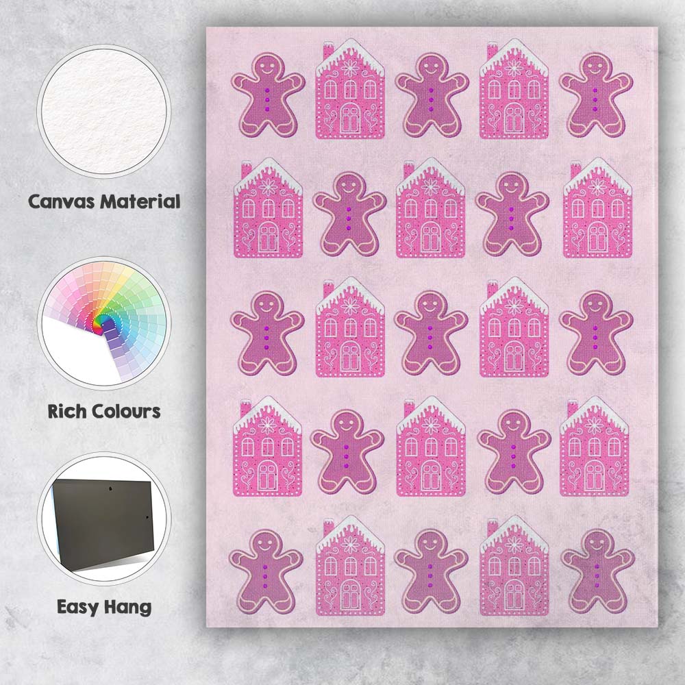 Pink Gingerbread House And Gingerbread Biscuit Repeat Pattern Canvas Wall Art Print Decor Picture Ready to Hang