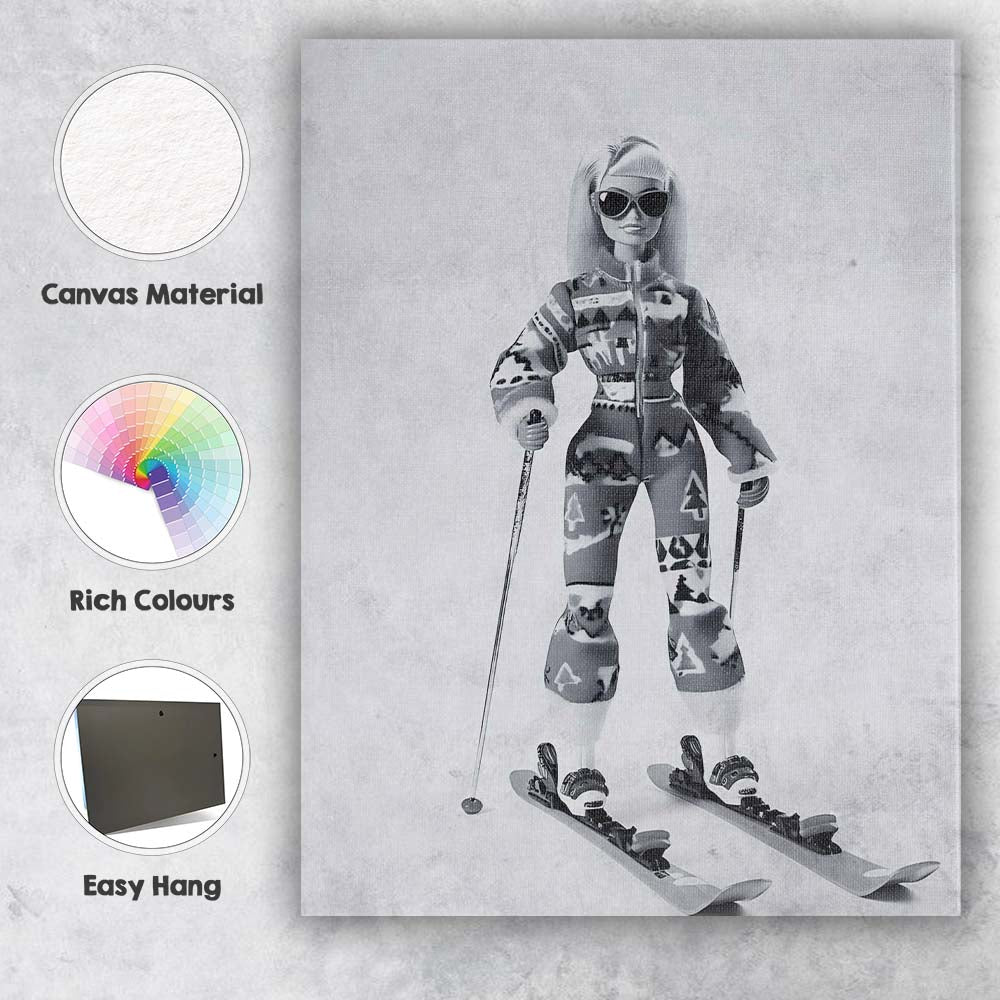 Monochrome Fashion Doll Skiing Winter Portrait Canvas Wall Art Print Decor Picture Ready to Hang