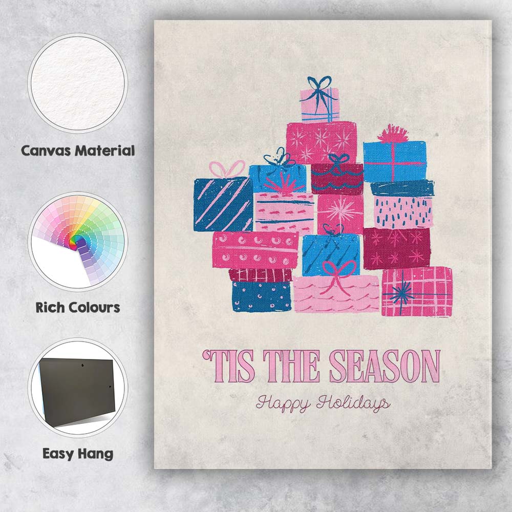 Retro Tis The Season Happy Holidays Gift Boxes Typography Canvas Wall Art Print Decor Picture Ready to Hang