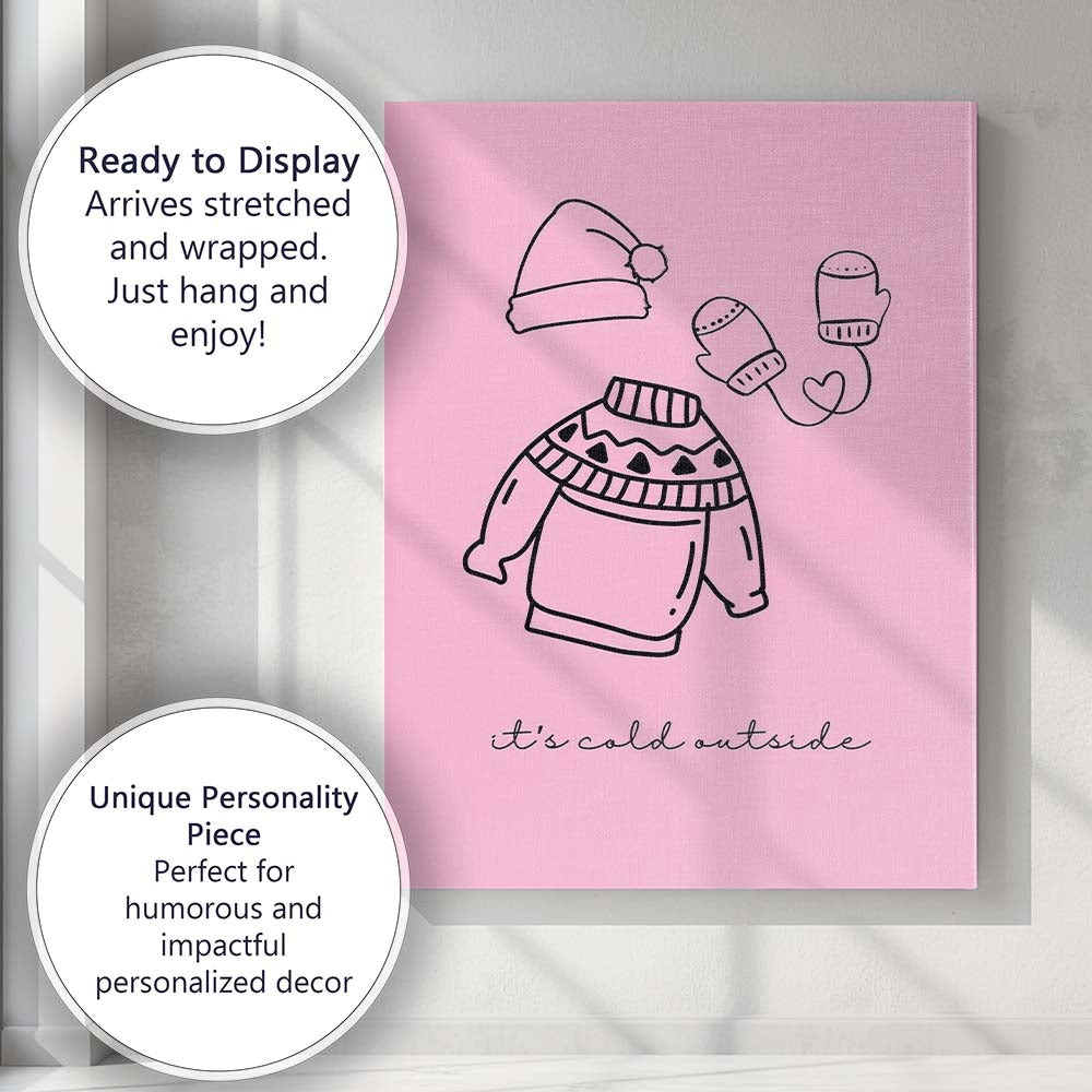 Pastel Pink Winter Hat Jumper And Mittens Minimal Line Art Canvas Wall Art Print Decor Picture Ready to Hang