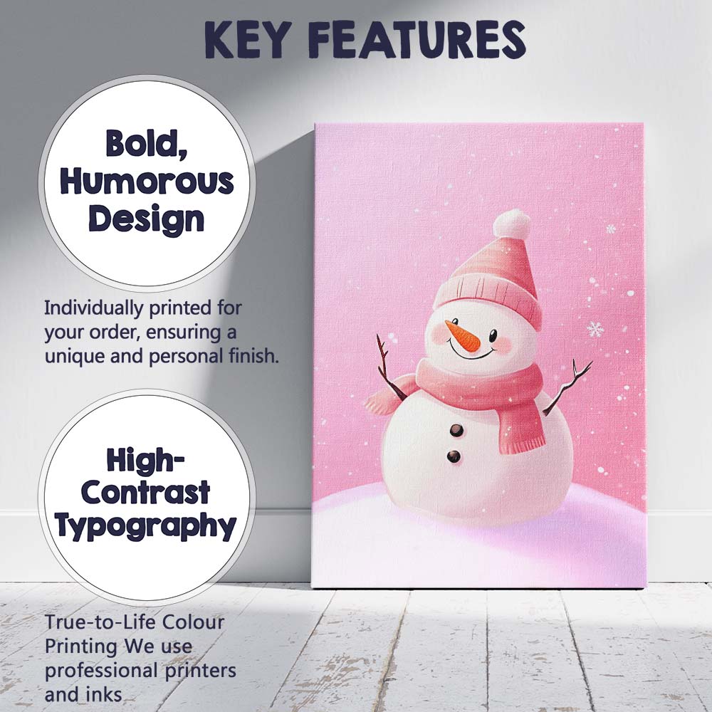 Cute Pink Scarf Snowman Winter Christmas Illustration Canvas Wall Art Print Decor Picture Ready to Hang