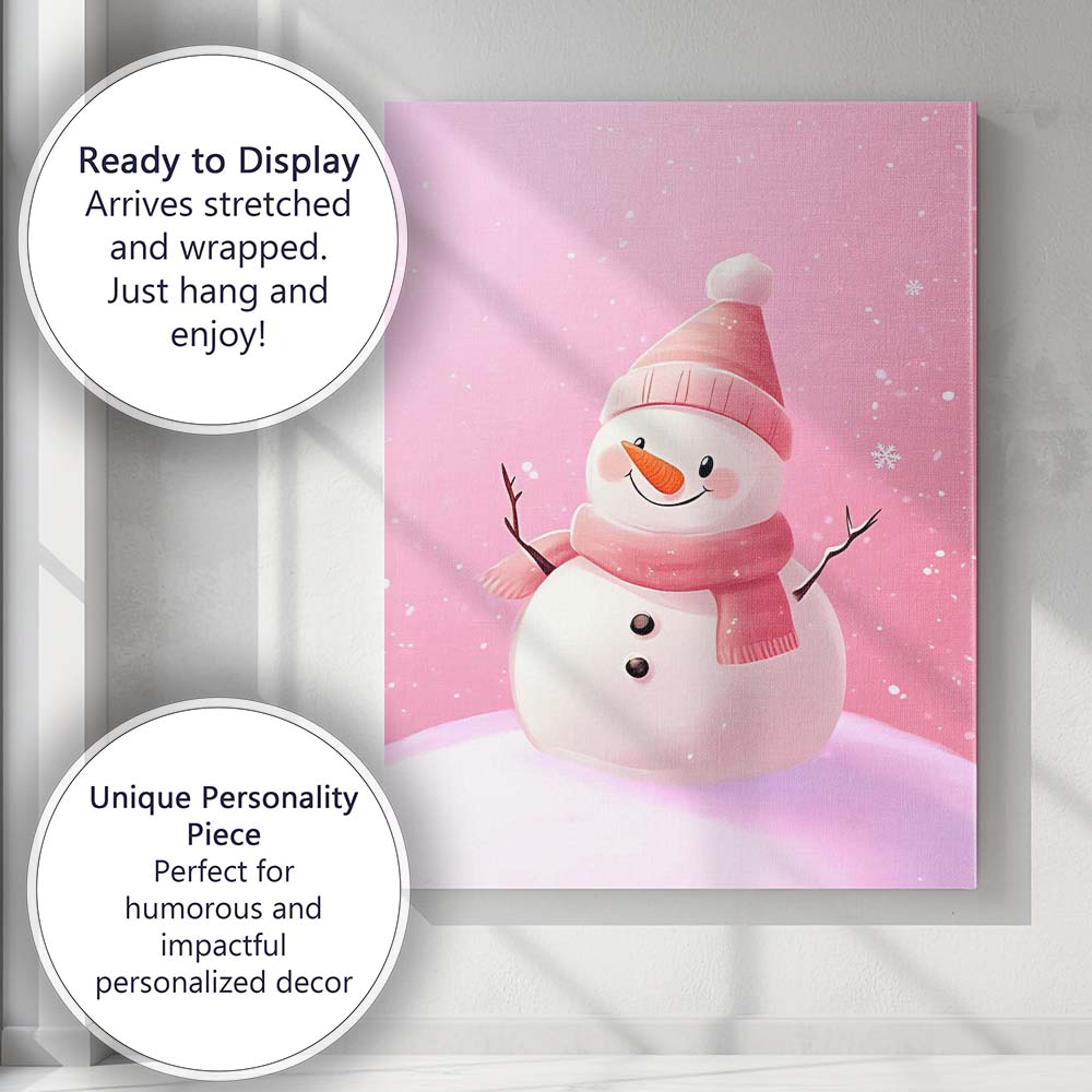Cute Pink Scarf Snowman Winter Christmas Illustration Canvas Wall Art Print Decor Picture Ready to Hang