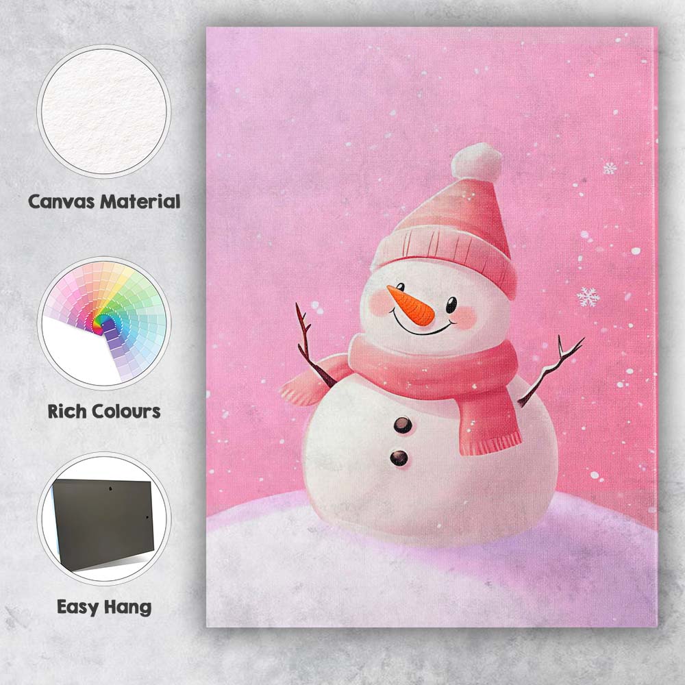 Cute Pink Scarf Snowman Winter Christmas Illustration Canvas Wall Art Print Decor Picture Ready to Hang