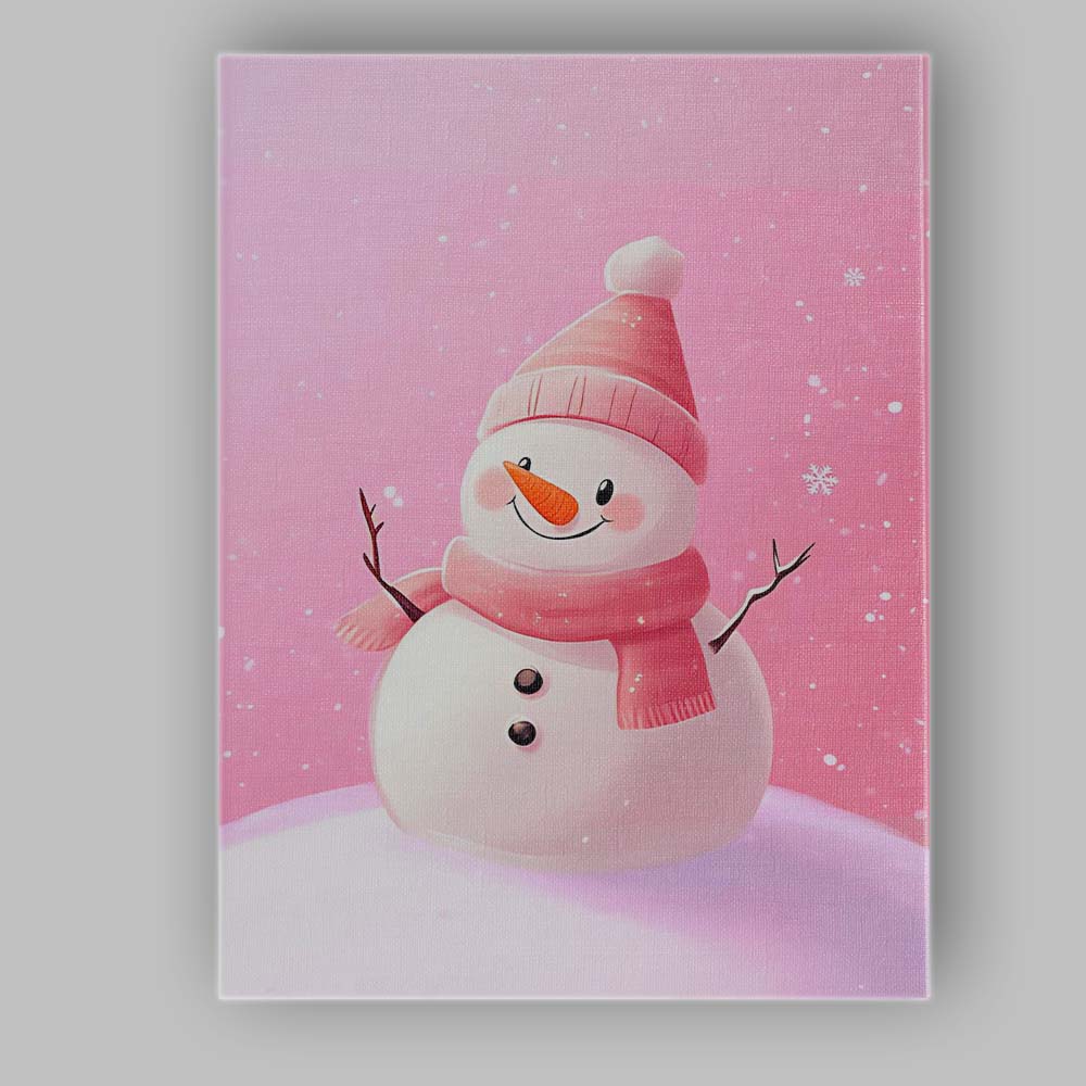 Cute Pink Scarf Snowman Winter Christmas Illustration Canvas Wall Art Print Decor Picture Ready to Hang