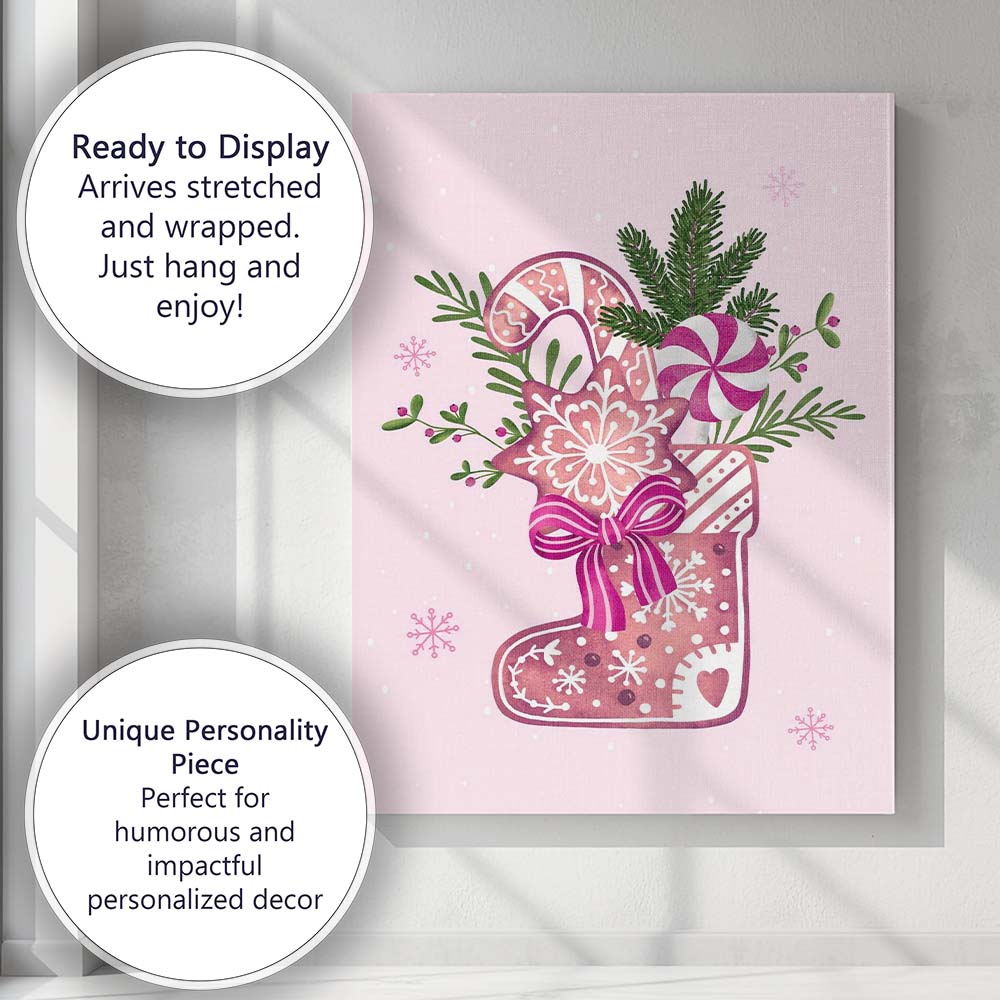 Watercolour Christmas Stocking Candy Cane And Festive Sweets Canvas Wall Art Print Decor Picture Ready to Hang