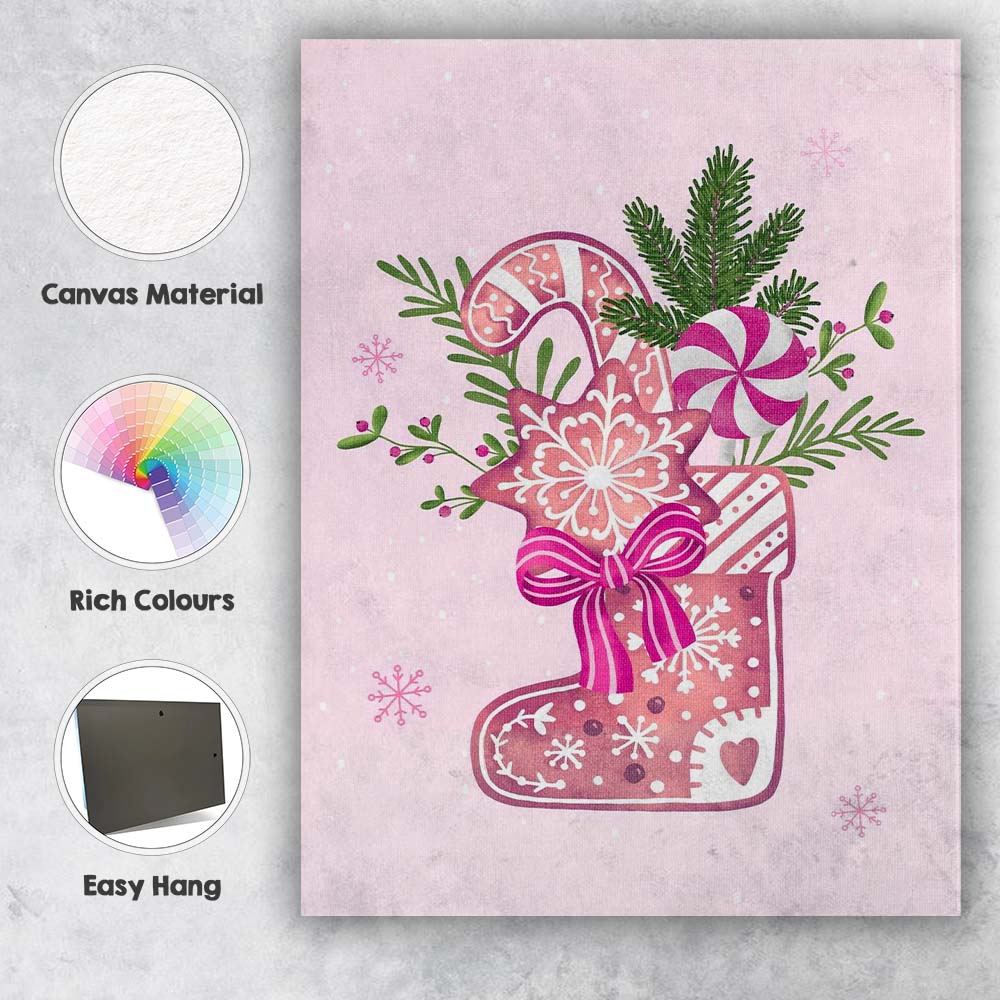 Watercolour Christmas Stocking Candy Cane And Festive Sweets Canvas Wall Art Print Decor Picture Ready to Hang