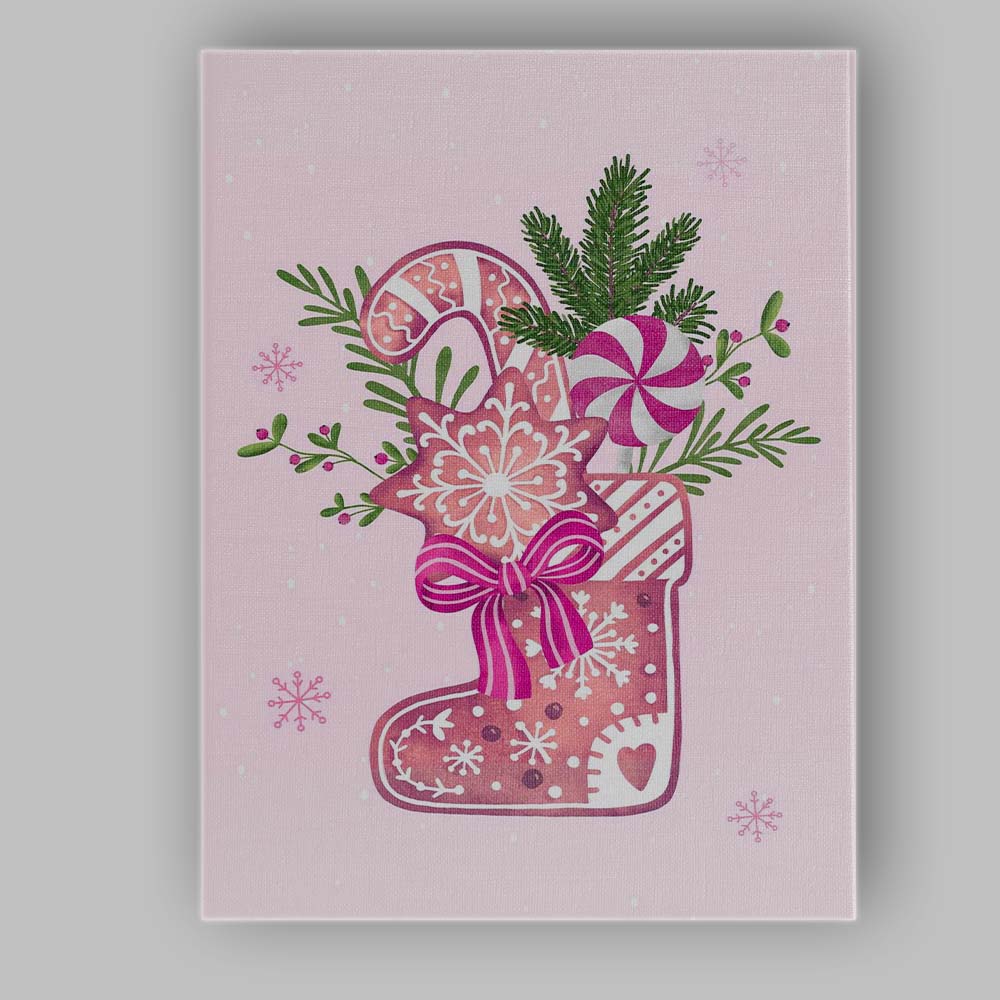 Watercolour Christmas Stocking Candy Cane And Festive Sweets Canvas Wall Art Print Decor Picture Ready to Hang