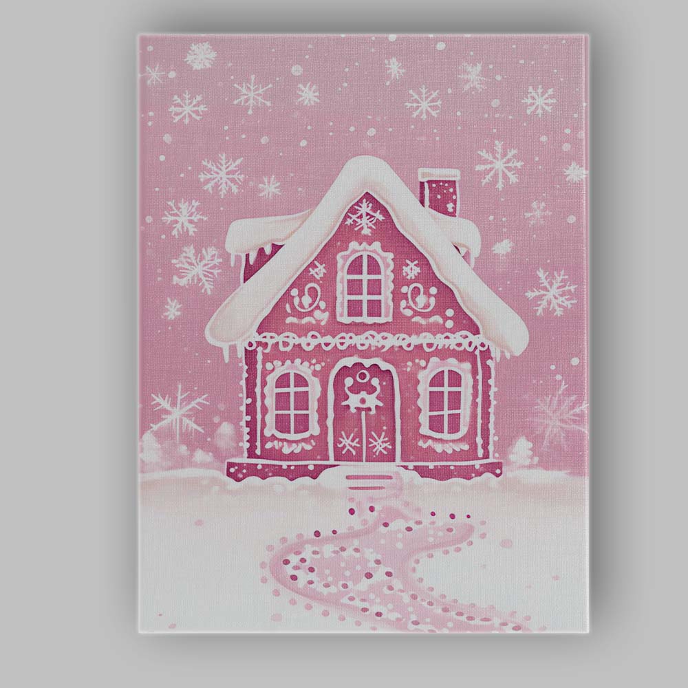 Pink Gingerbread House Snowflake Winter Wonderland Canvas Wall Art Print Decor Picture Ready to Hang