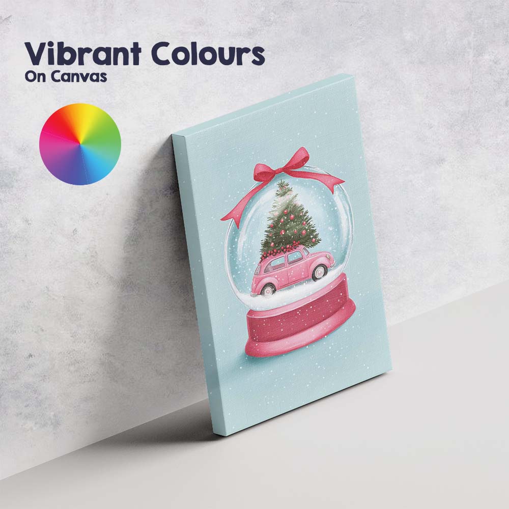 Pink Christmas Car Snow Globe Festive Watercolour Illustration Canvas Wall Art Print Decor Picture Ready to Hang