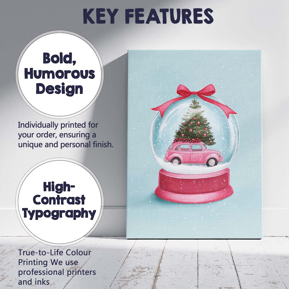 Pink Christmas Car Snow Globe Festive Watercolour Illustration Canvas Wall Art Print Decor Picture Ready to Hang