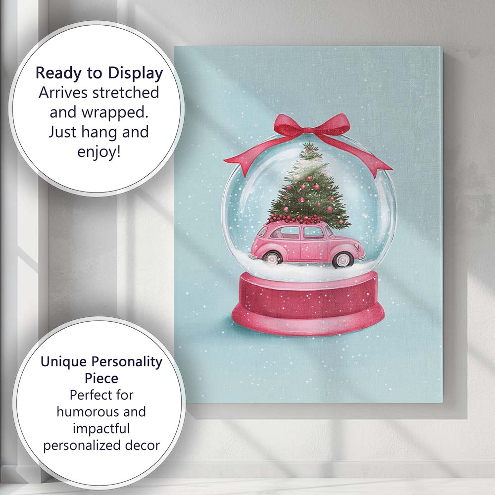 Pink Christmas Car Snow Globe Festive Watercolour Illustration Canvas Wall Art Print Decor Picture Ready to Hang