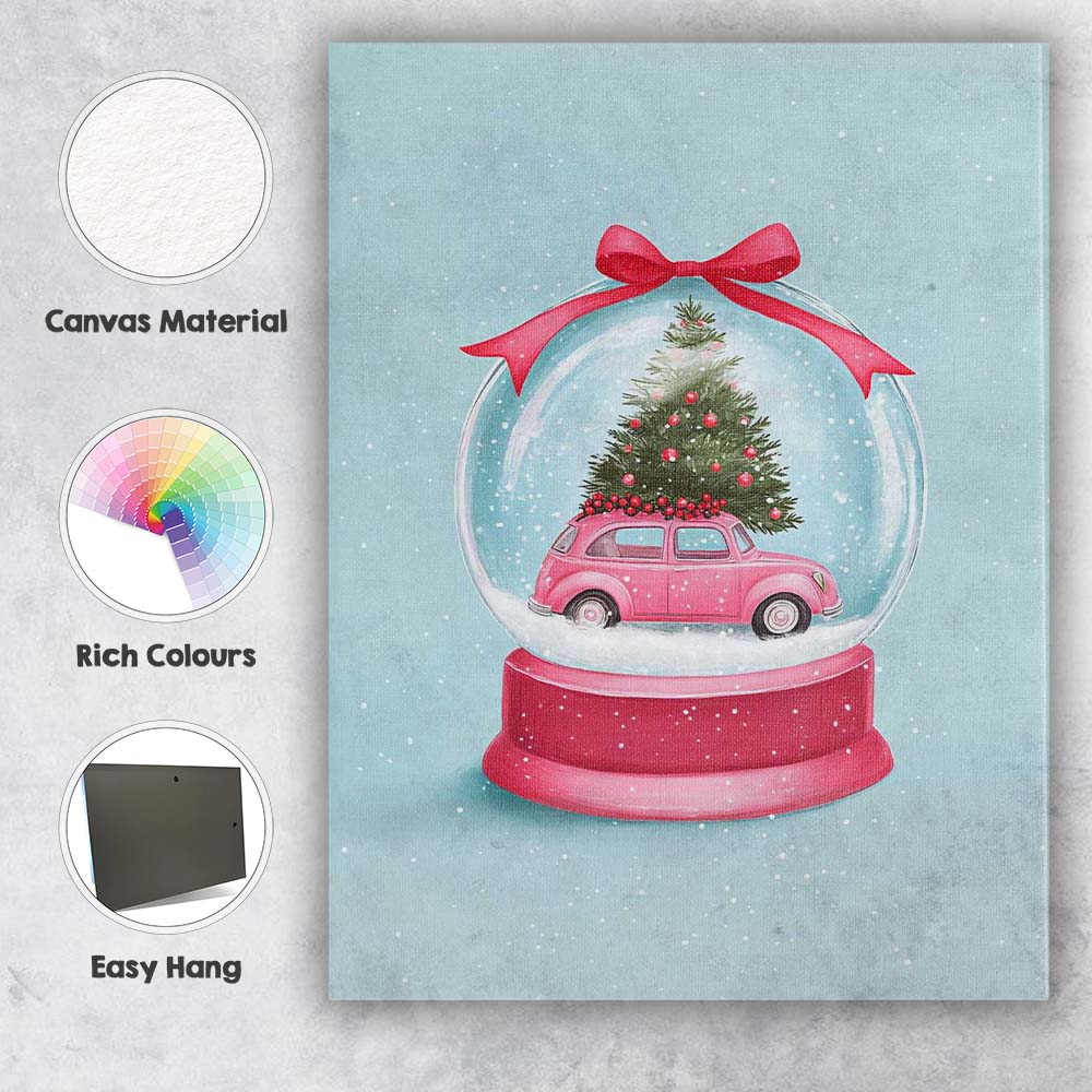 Pink Christmas Car Snow Globe Festive Watercolour Illustration Canvas Wall Art Print Decor Picture Ready to Hang