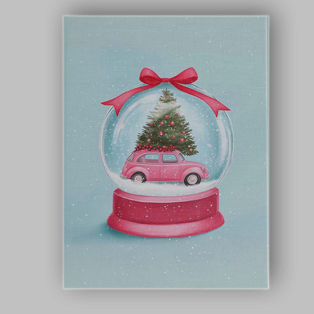 Pink Christmas Car Snow Globe Festive Watercolour Illustration Canvas Wall Art Print Decor Picture Ready to Hang