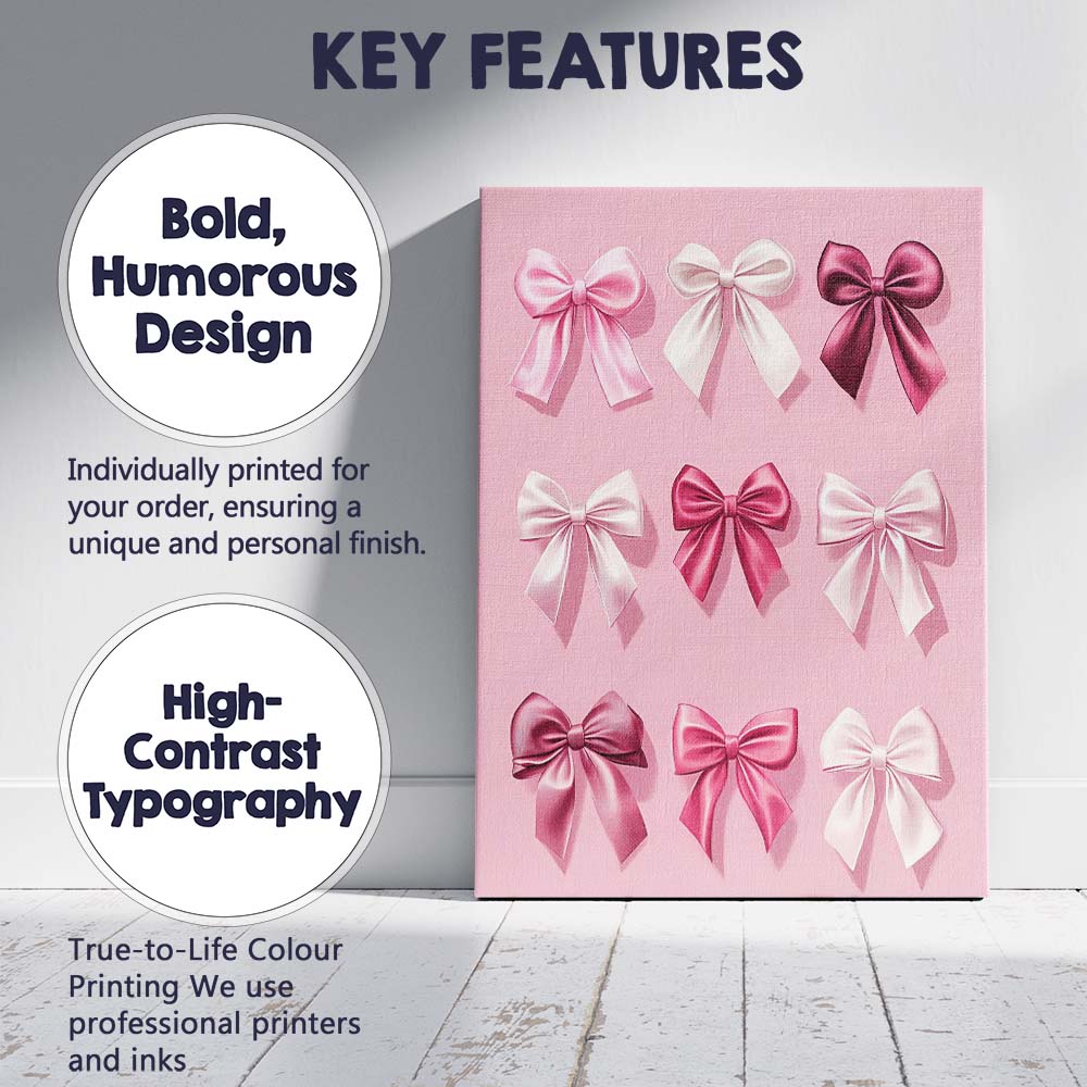 Luxury Pink Satin Ribbon Bow Collection Canvas Wall Art Print Decor Picture Ready to Hang