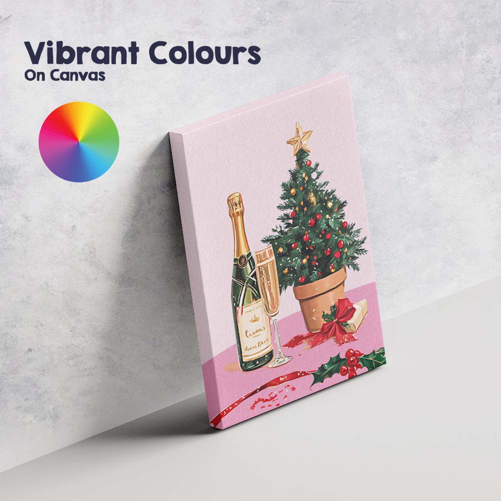 Festive Champagne Bottle Christmas Tree Celebration Watercolour Canvas Wall Art Print Decor Picture Ready to Hang