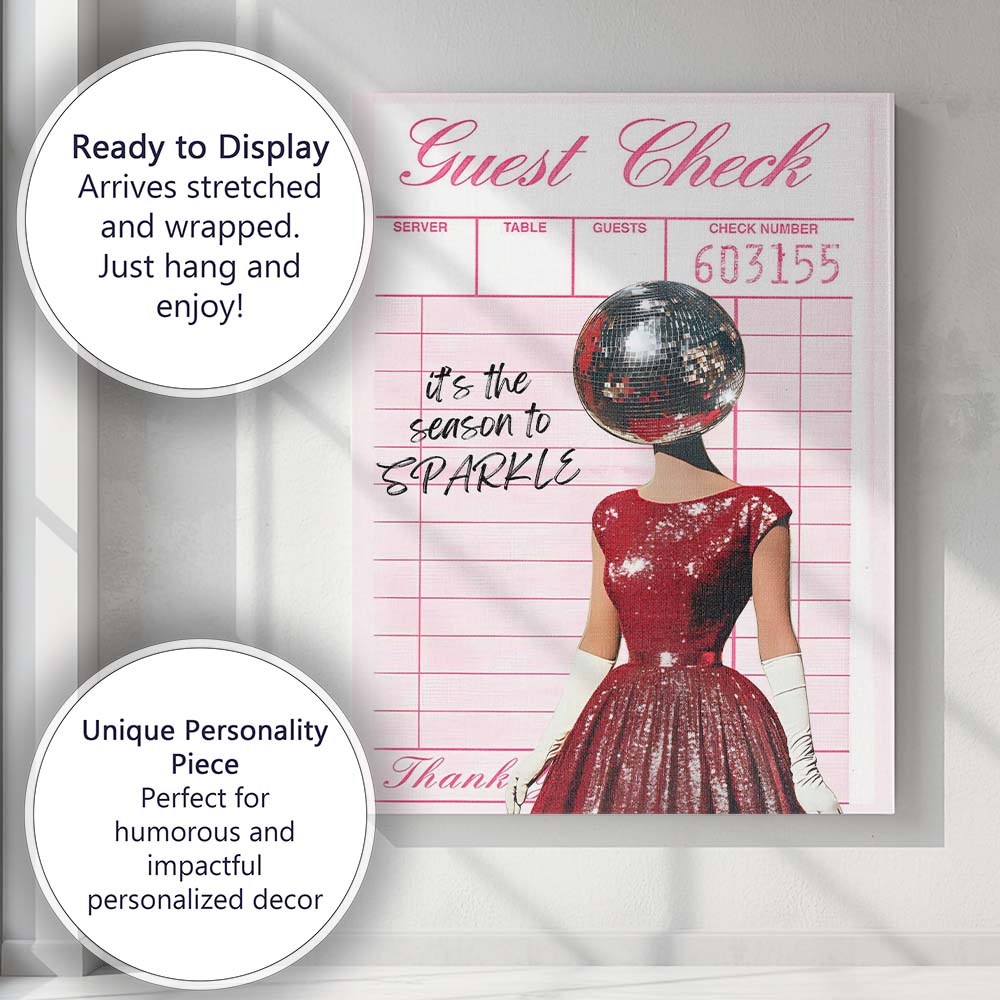 Retro Guest Check Disco Ball Christmas Party Typography Canvas Wall Art Print Decor Picture Ready to Hang
